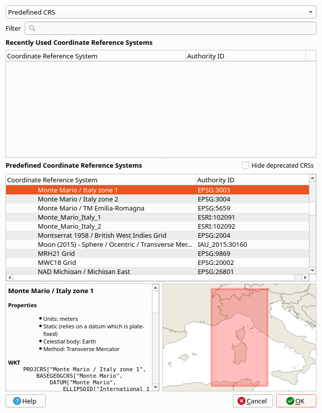The Coordinate Reference System dialog with EPSG:3003 Monte Mario Italy zone 1 selected