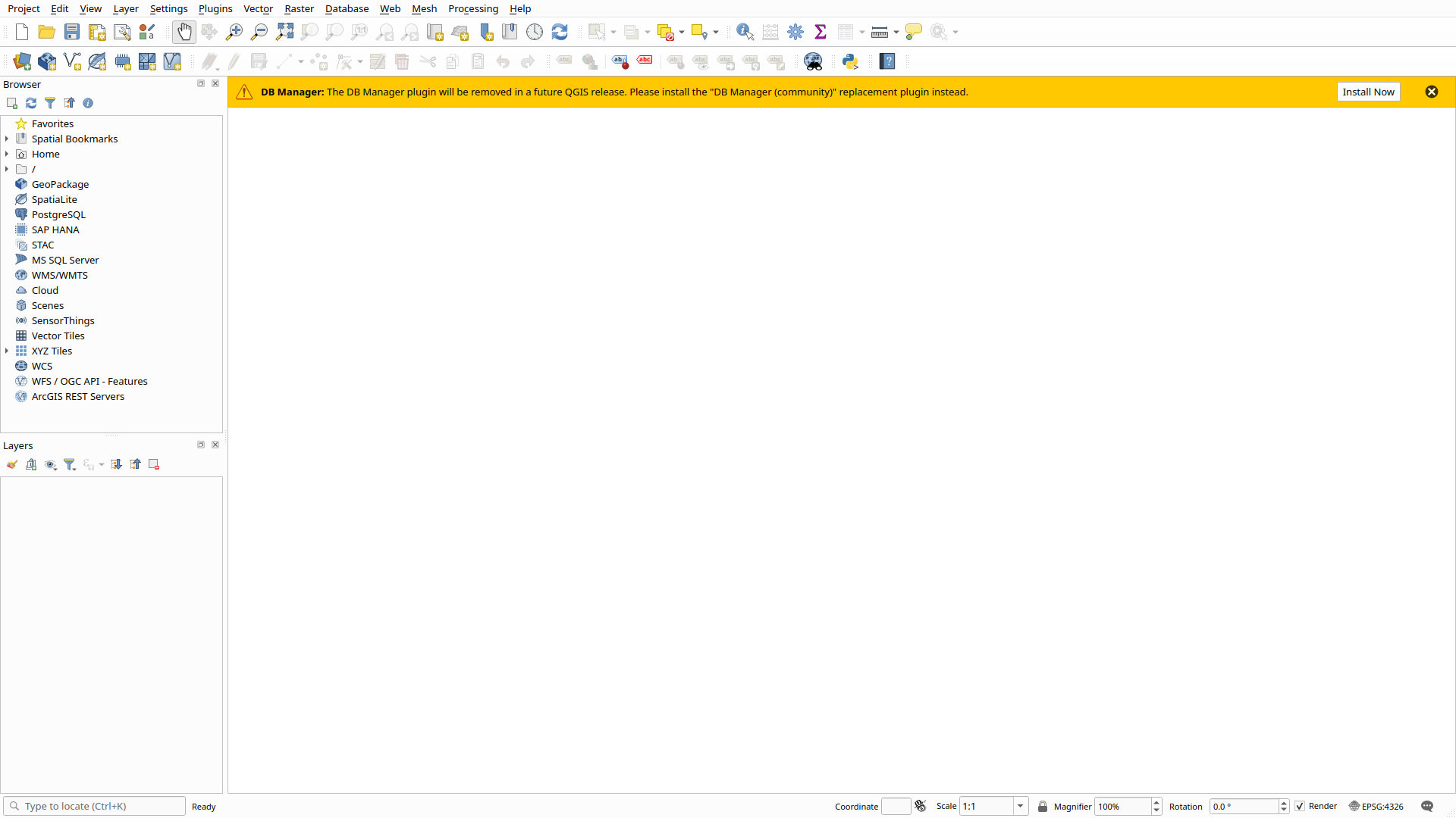 A new, empty QGIS project with a blank canvas